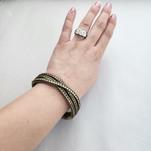 Heidi Daus Bangle Bracelet Hinge Old Gold Bronze White Crystal Age Of elegance - Picture 7 of 8